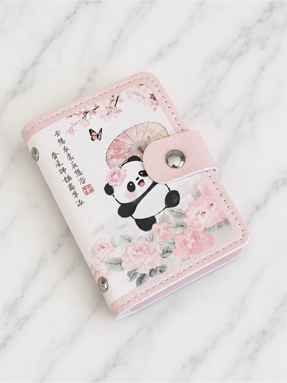 Pink Floral Snap Card Wallet With Cute Panda- Pink, White & Green Florals-NWOT